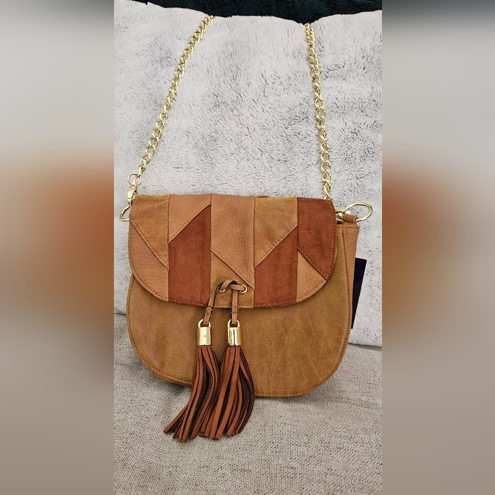 Madden Girl Tan and Brown Crossbody Bag with Geometric Design